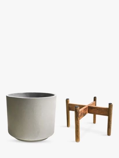 Concrete Indoor Plant Pot with Wood Stand, 22cm, Cement